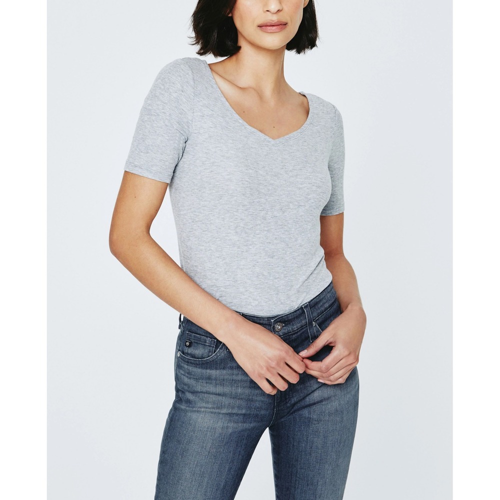AG Jeans Marilyn | Short Sleeve V-Neck Tee | M | Heather Grey | Ribbed Knit